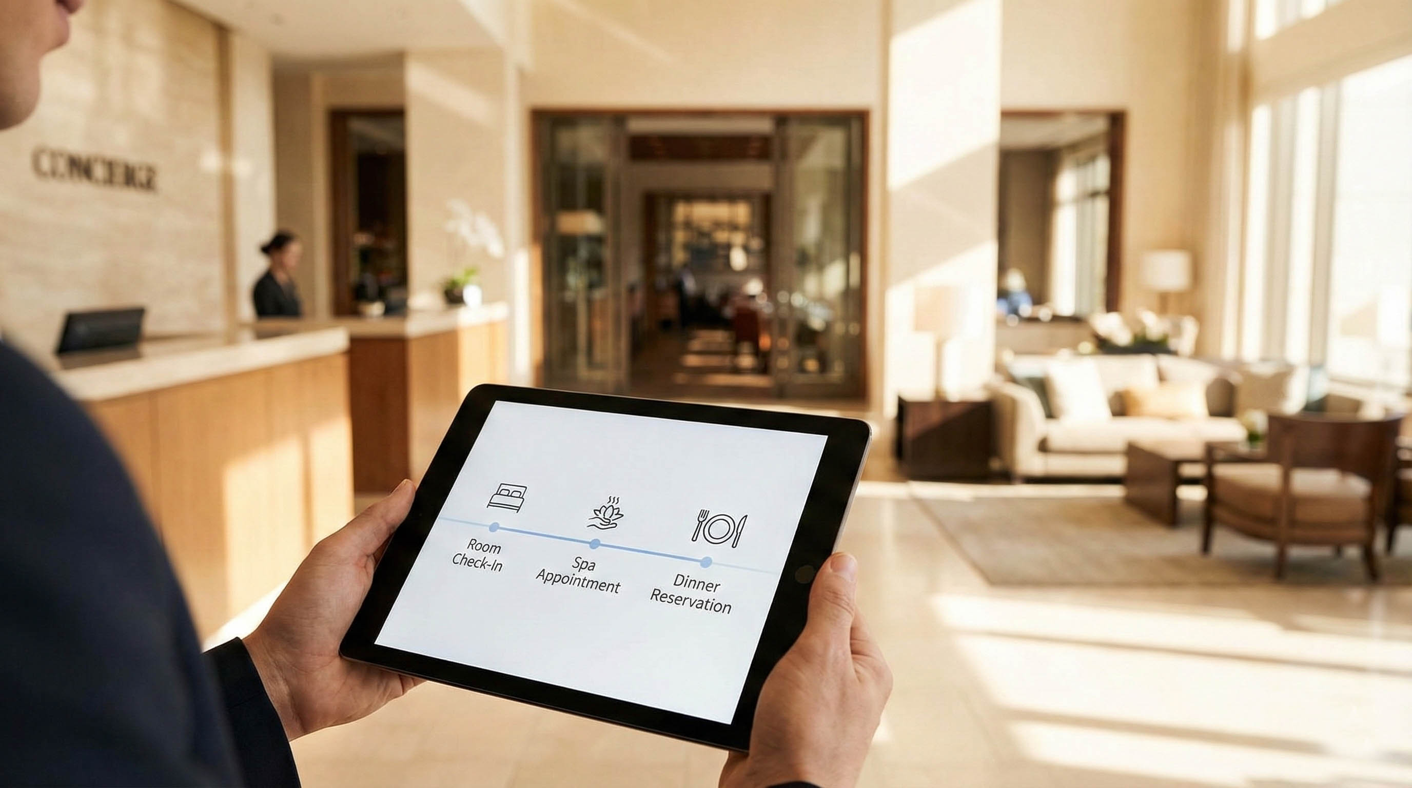 Guest journey timeline on tablet in hotel lobby