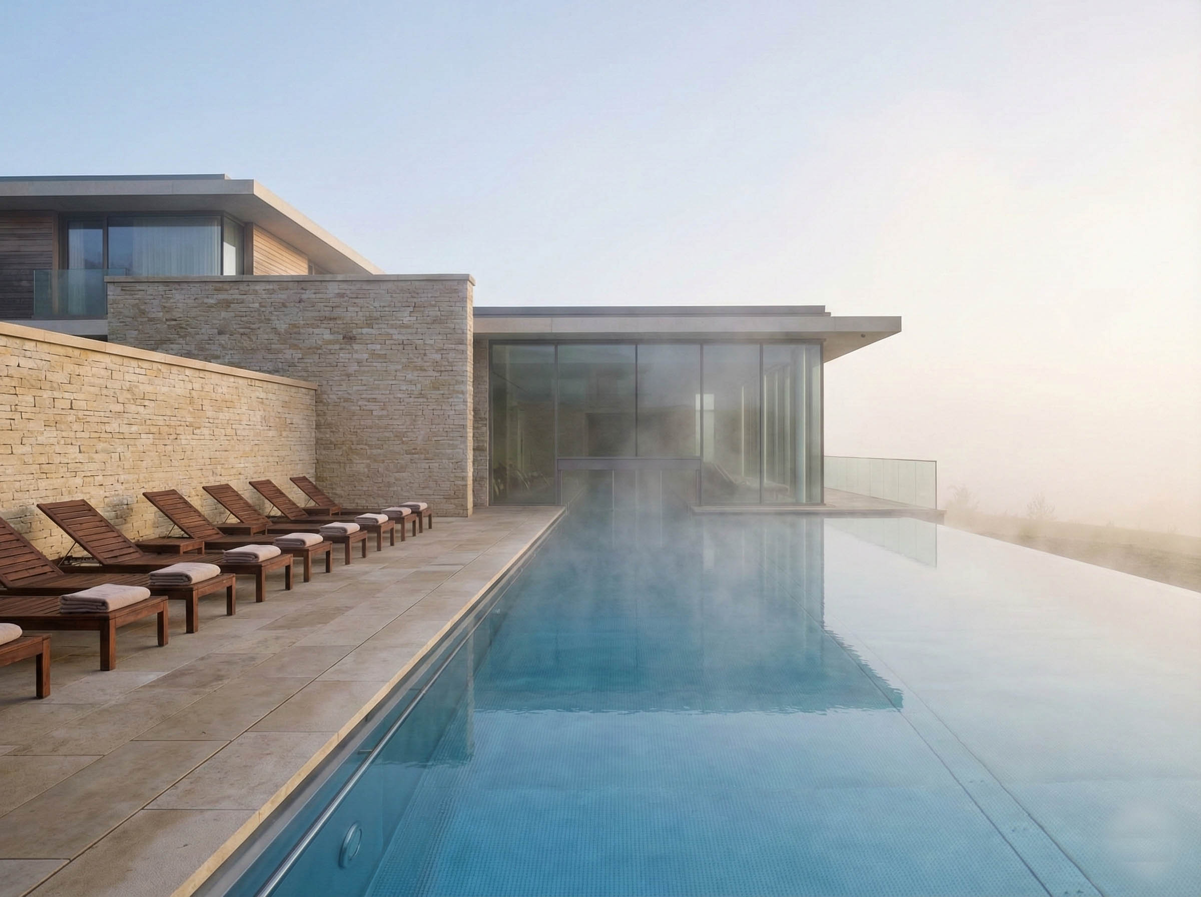 Contemporary spa resort with infinity pool at dawn