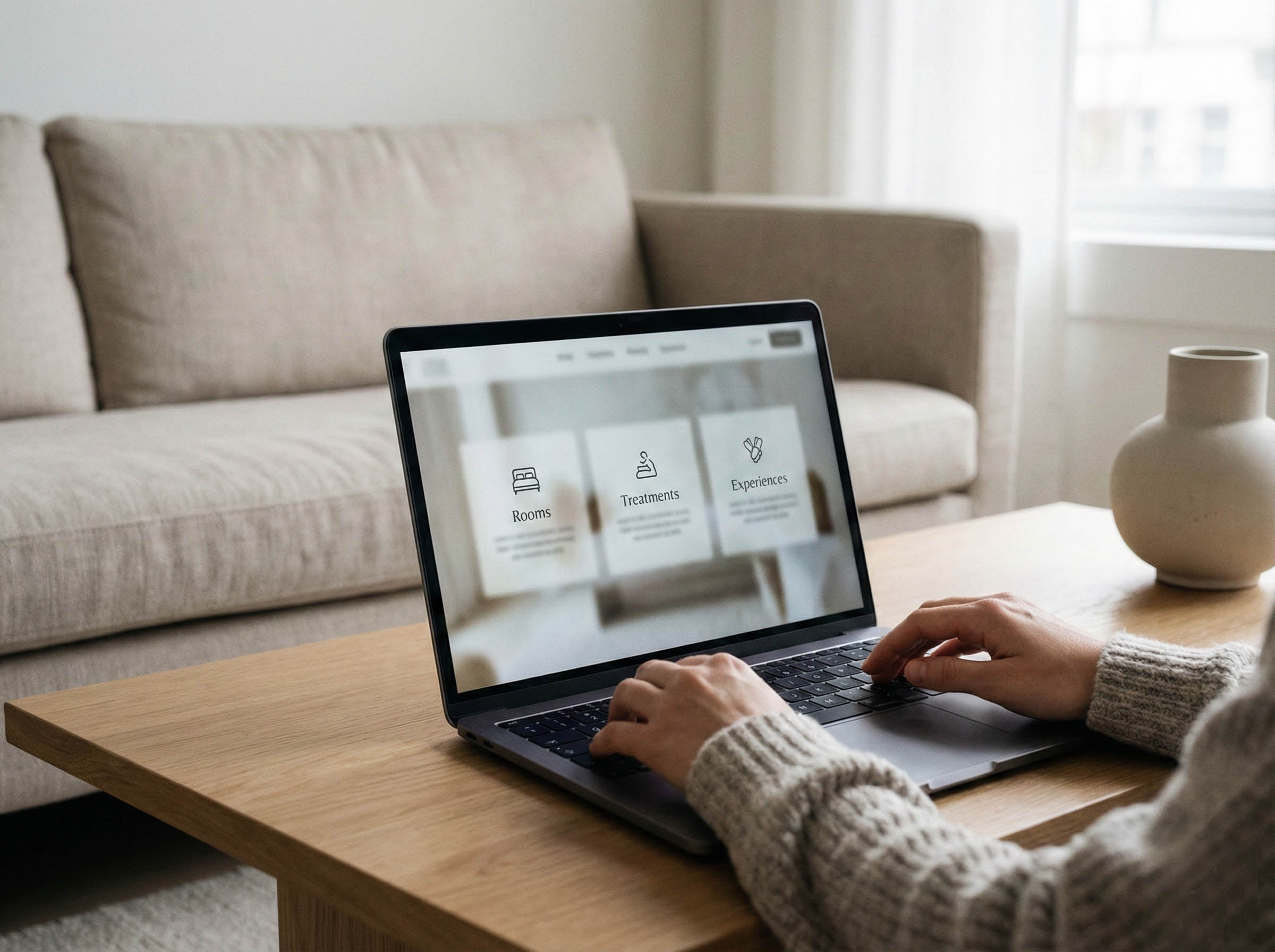 Guest planning hotel stay with rooms, treatments and experiences on laptop