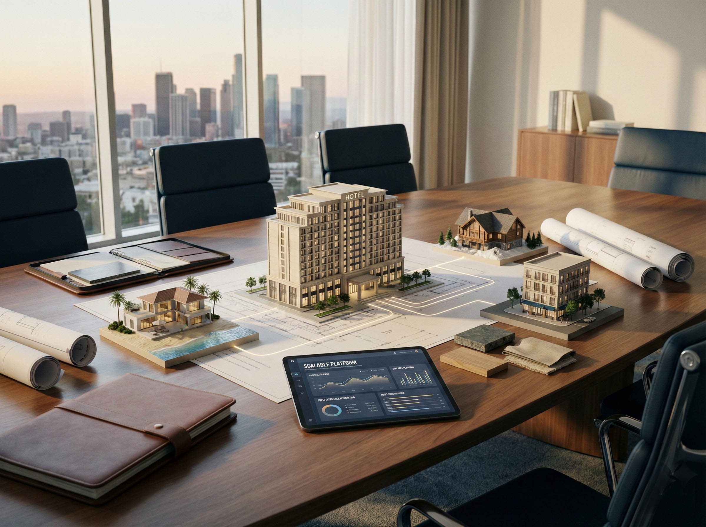 Modern hotel exterior at dusk with warm interior lighting